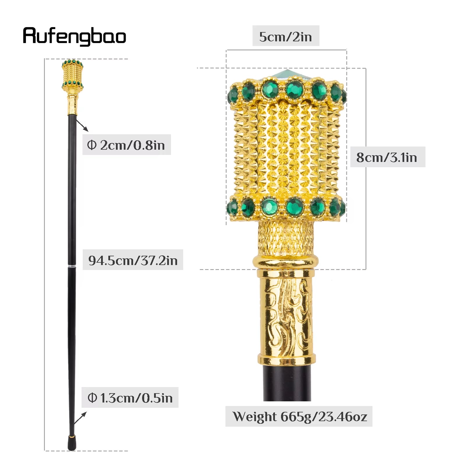 Golden Green Artificial Diamond Walking Cane Fashion Decorative Walking Stick Gentleman Elegant Cosplay Cane Knob Crosier 94Cm