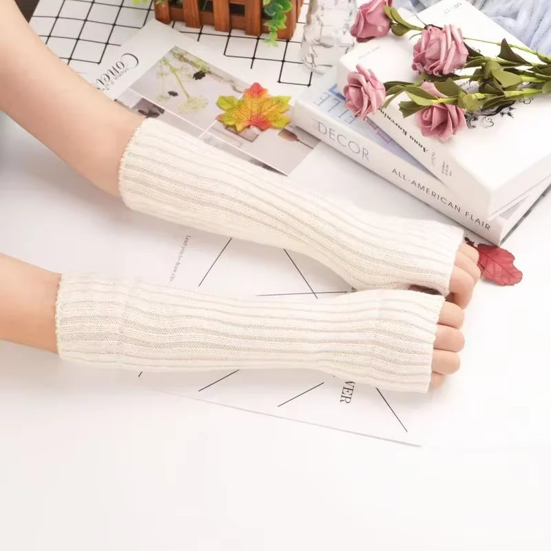 Long Fingerless Gloves Women‘S Mitten Winter Arm Warmer Knitted Arm Sleeve Fine Casual Soft Girls Goth Clothes Punk Gothic Glove