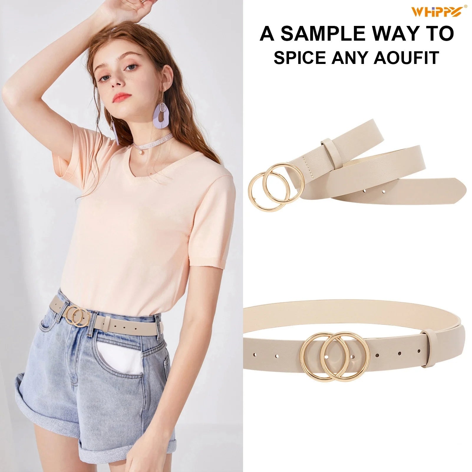 Women Leather Belt with Double Ring Buckle, plus Size Waist Belt for Jeans Dress