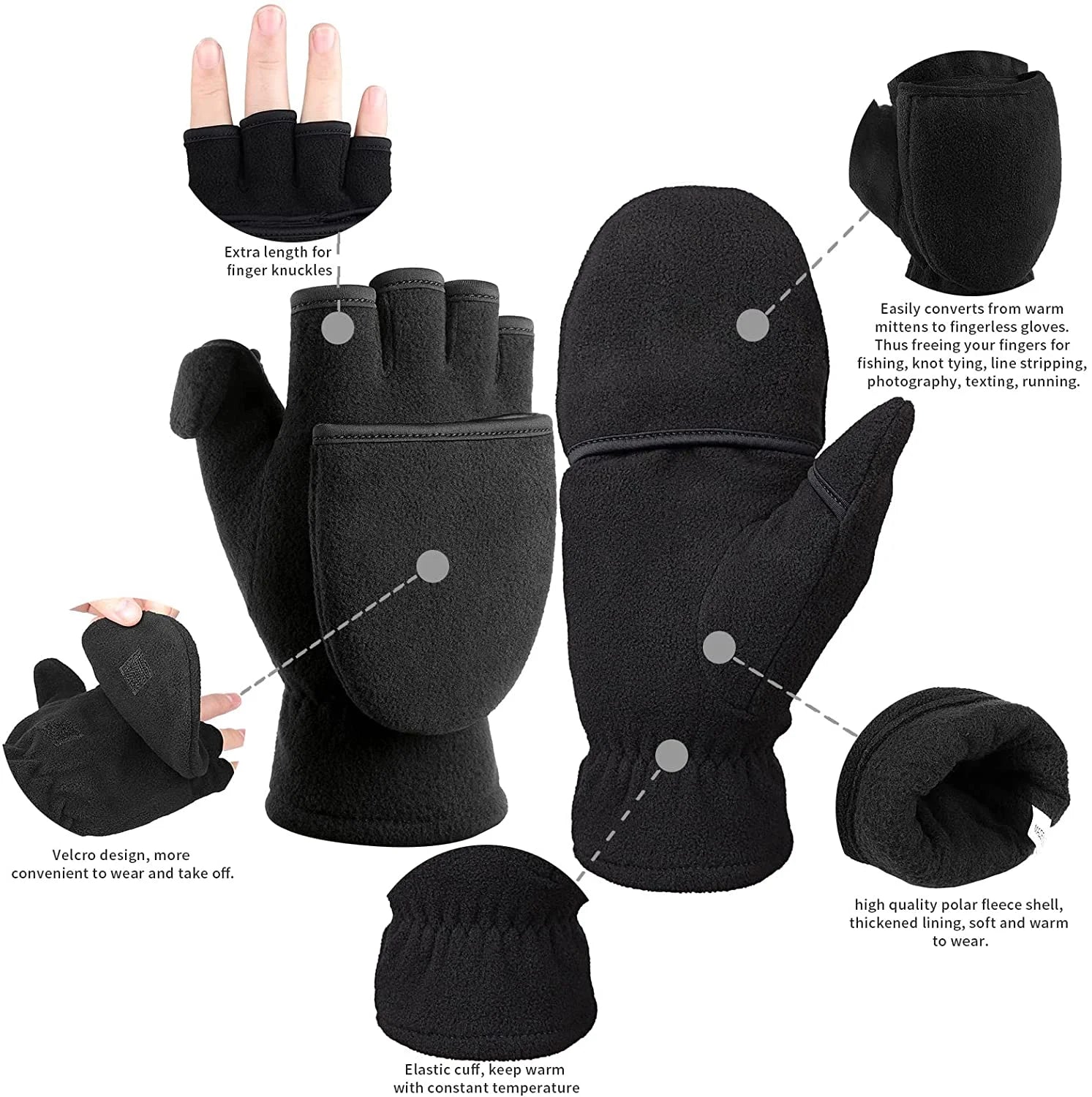 Winter Convertible Gloves Flip Top Mittens with Thermal Warm Polar Fleece for Men Women