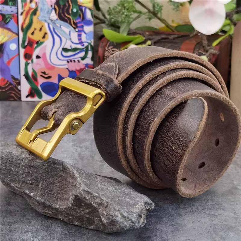 Solid Brass Belt Buckle Retro Style Men'S Belt Thick Leather Belt Men Ceinture Belt for Men Long Waist Vintage Belt Men MBT0133