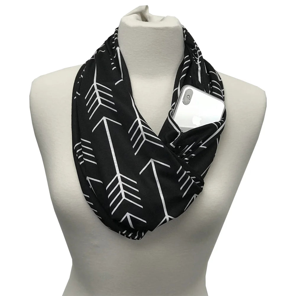 Women'S Arrow Patterned Infinity Scarf with Zipper Pocket