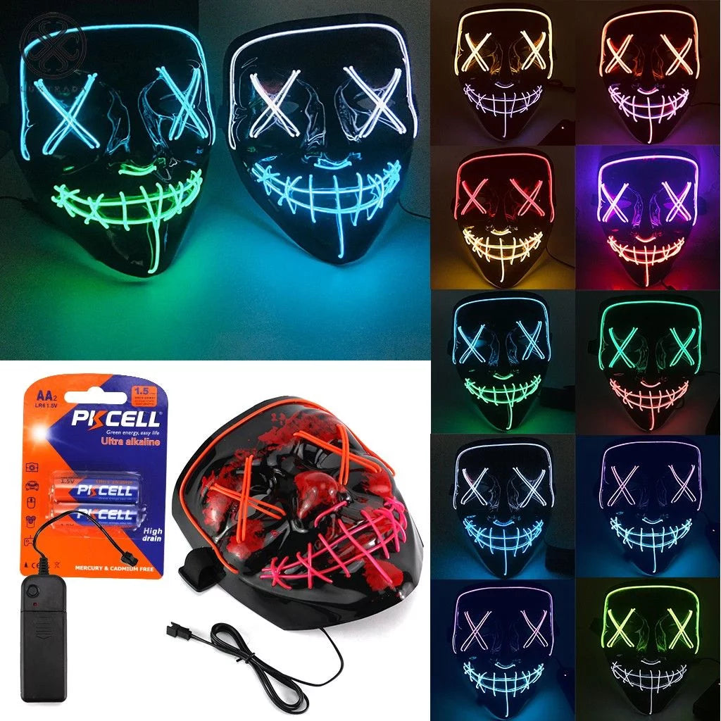 Clubbing Light up "Stitches" LED Mask Costume Halloween Rave Cosplay Party Xmas + AA Battery (Pink&Red)