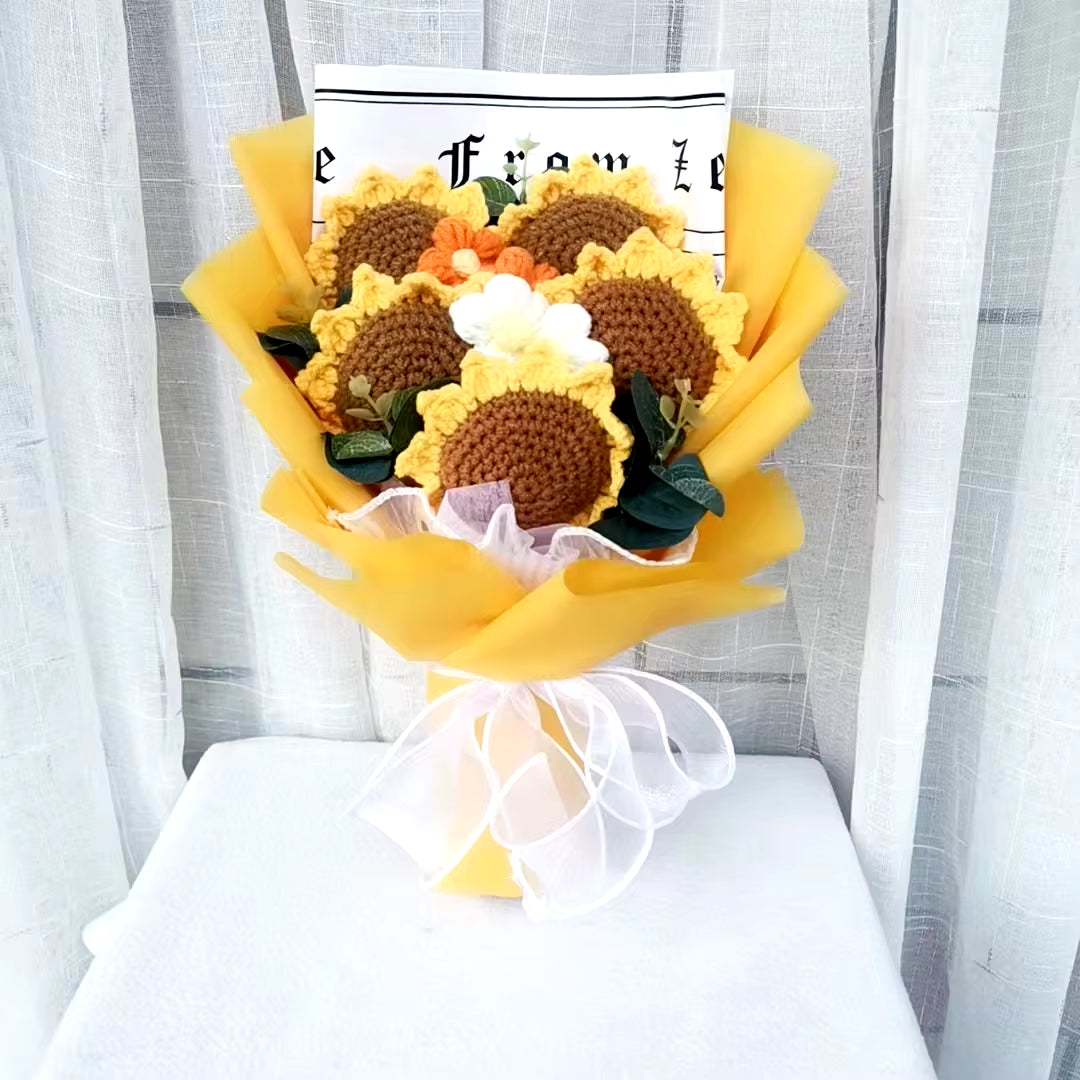 Handmade Crochet Cashmere Sunflower Bouquet Valentine'S Day Anniversary Wedding Mothers Day Birthday Christmas Gift