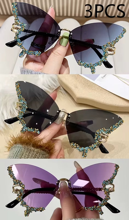 Luxury Diamond Butterfly Sunglasses Women Brand Y2K Vintage Rimless Oversized Sun Glasses Ladies Eyewear