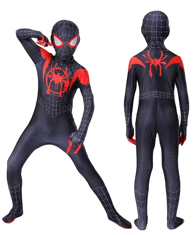 Black Spiderman Costume with Spider Man Mask Spider Man into the Spider Verse Miles Cosplay Halloween Costume for Kids and Adult