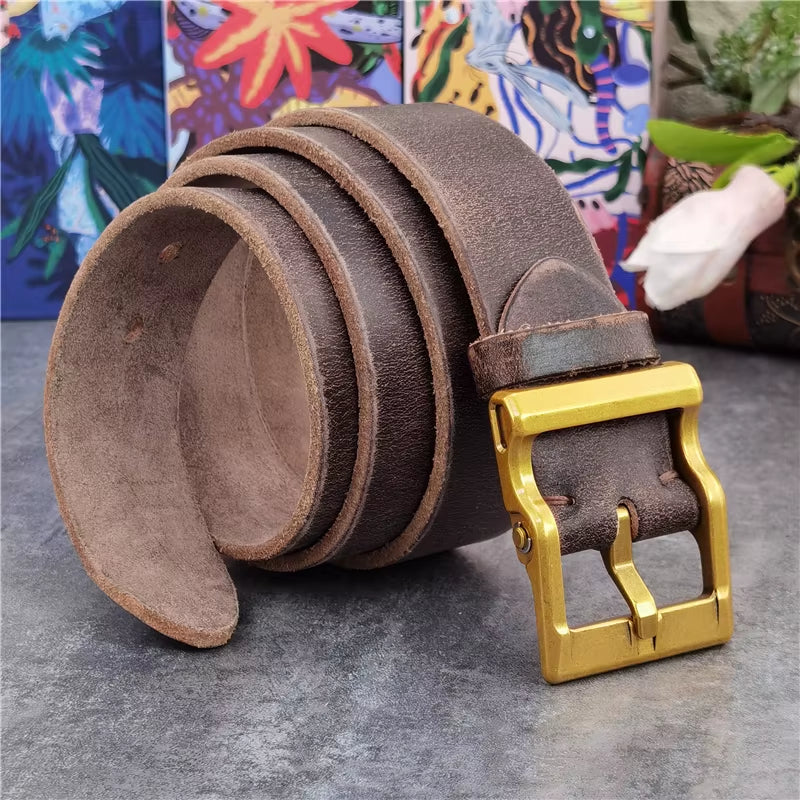 Solid Brass Belt Buckle Retro Style Men'S Belt Thick Leather Belt Men Ceinture Belt for Men Long Waist Vintage Belt Men MBT0133