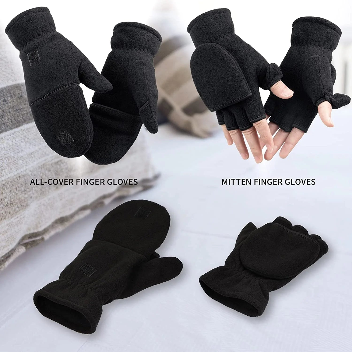 Winter Convertible Gloves Flip Top Mittens with Thermal Warm Polar Fleece for Men Women