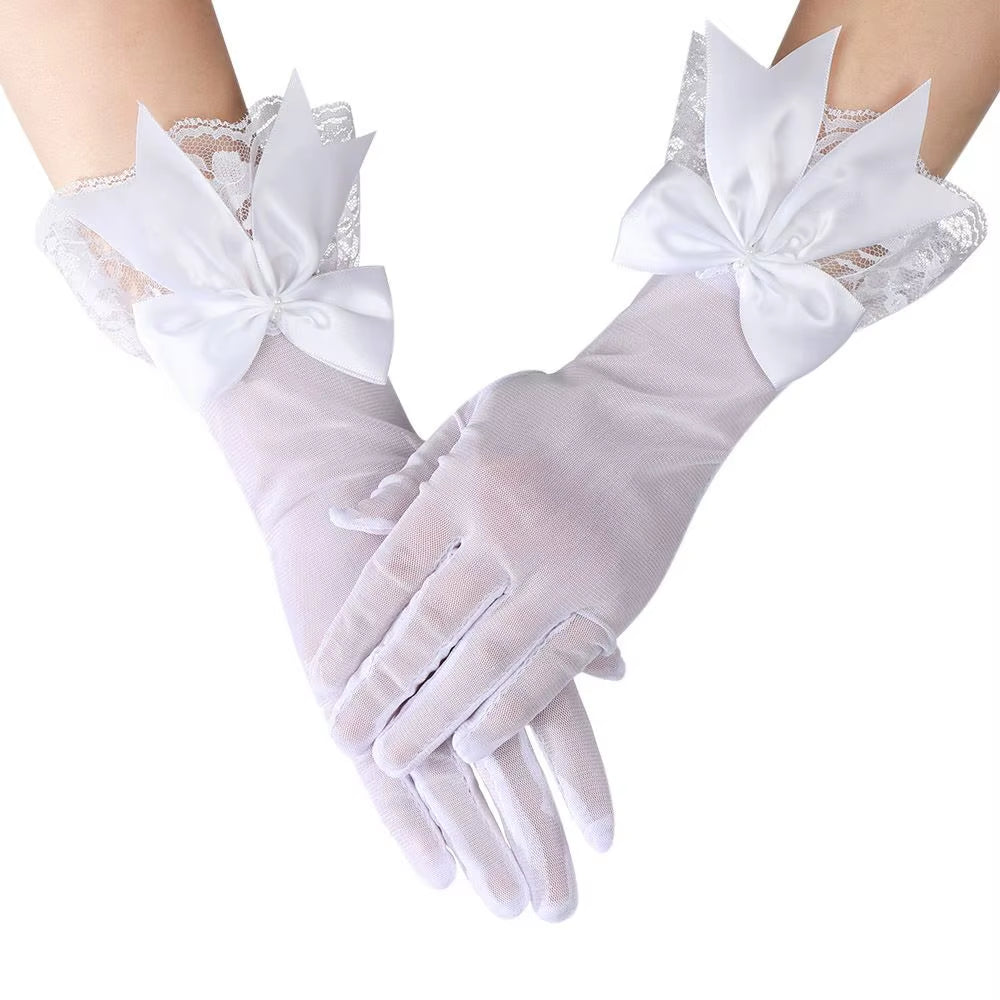 White Satin Bride Gloves Bowknot Lace Wedding Gloves Wedding Dress Gloves Etiquette Hand Wedding Dress Accessories