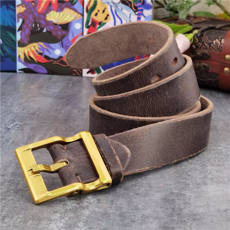 Solid Brass Belt Buckle Retro Style Men'S Belt Thick Leather Belt Men Ceinture Belt for Men Long Waist Vintage Belt Men MBT0133