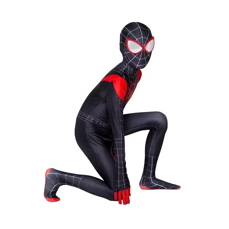 Black Spiderman Costume with Spider Man Mask Spider Man into the Spider Verse Miles Cosplay Halloween Costume for Kids and Adult