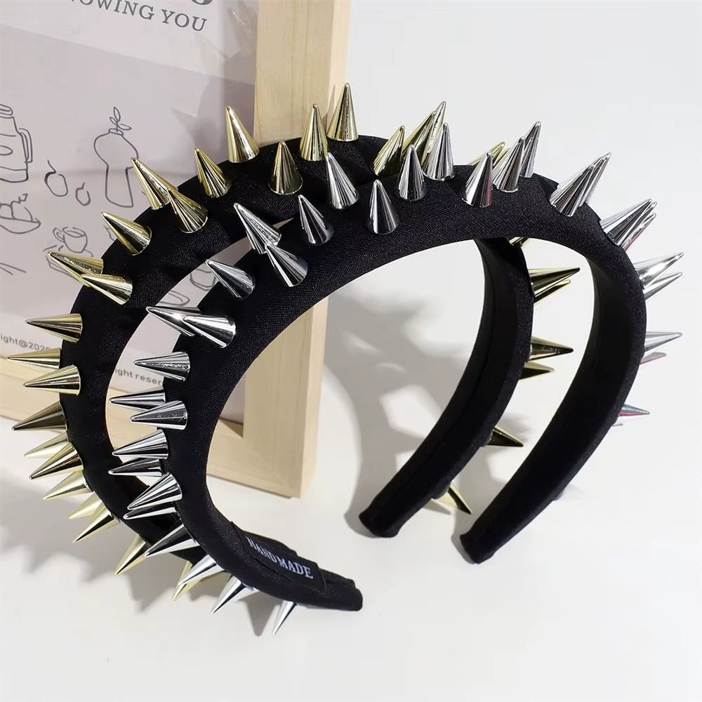 1Pcs Fashion Punk Goth Headwear Women Headband Girls Rivets Hair Bands Cosplay Headdress Silver Golden Hair Accessories