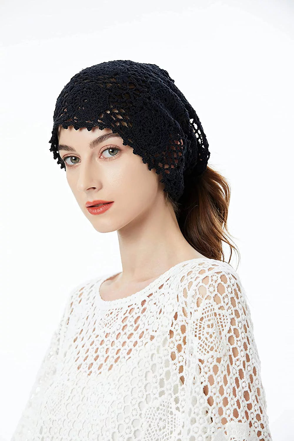 Women Cotton Crochet Slouchy Beanie Hat Handmade Knit Cutout Summer Floral Skull Cap