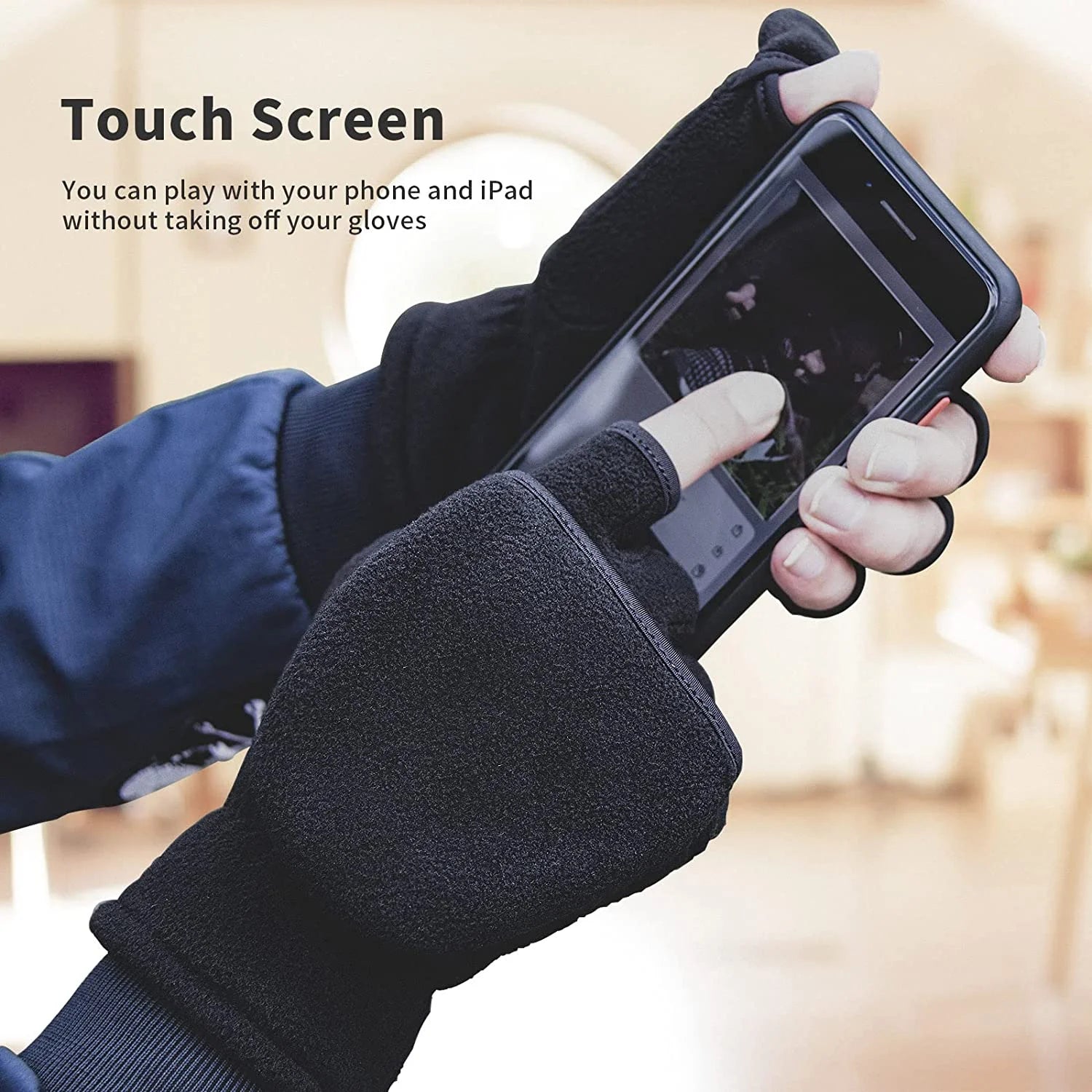 Winter Convertible Gloves Flip Top Mittens with Thermal Warm Polar Fleece for Men Women