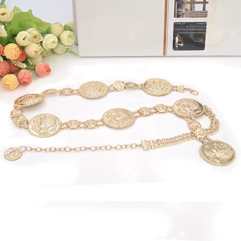 Gold Chain Belt Designer Belts for Women High Quality Waist Ketting Riem Silver Metal Big Coin Cinturon Mujer Cummerbunds