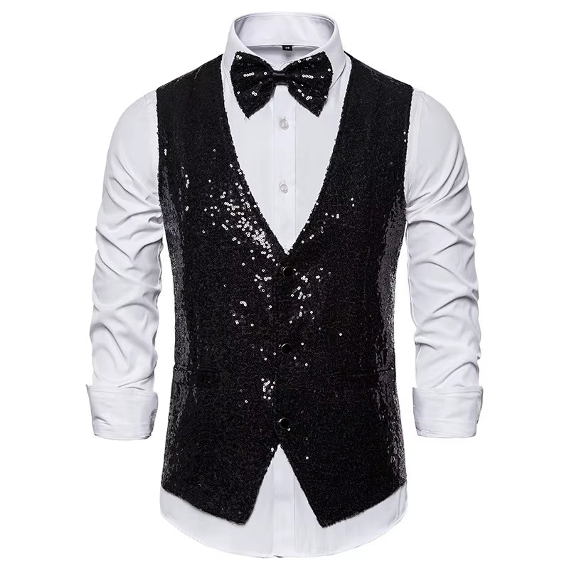 Shiny Royal Blue Sequin Dress Vests Men Slim Fit V Neck Glitter Tuxedo Waistcoat Mens Wedding Party Stage Prom Vest with Bowtie