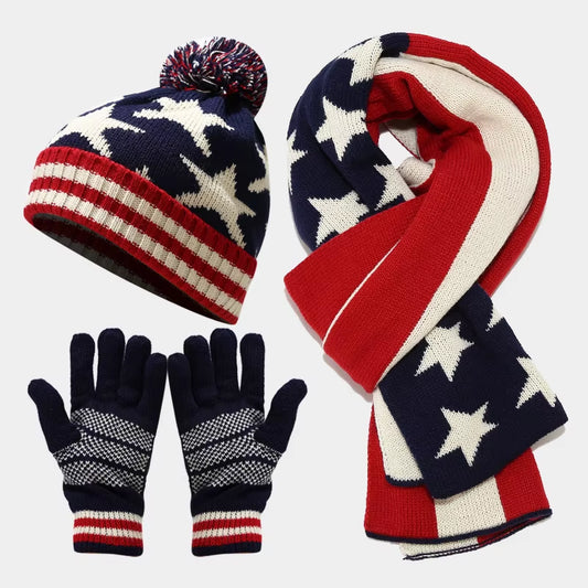 Hot New Adult Rice Shaped National Flag Hat Scarf Gloves Three Piece Set Winter Outdoor Warm Hat Set Bufanda Invierno Mujer