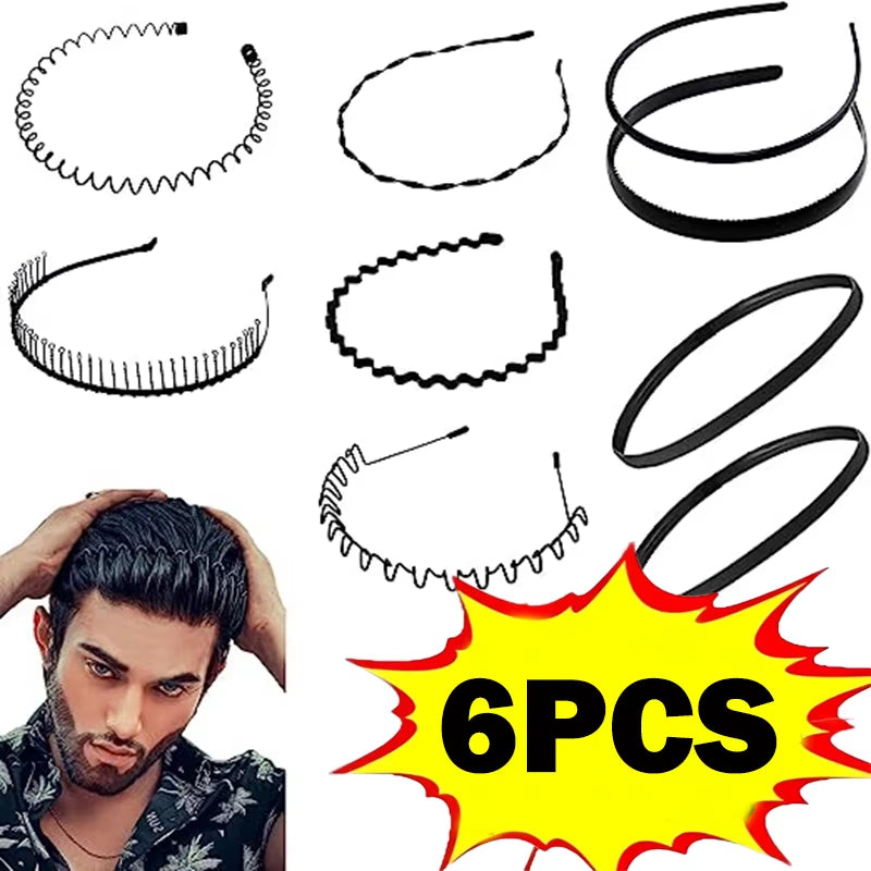 6Pcs Fashion Metal Hair Band for Men Women Unisex Black Wavy Hair Head Hoop Band Sports Headband Hairband Hair Accessories Gifts