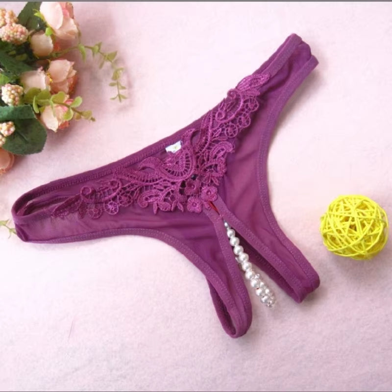 Ladies Open Crotch Panties with Pearl Sexy Underwear Underpants Lace G-String Briefs Sex Crotchless Panties plus Size for Women